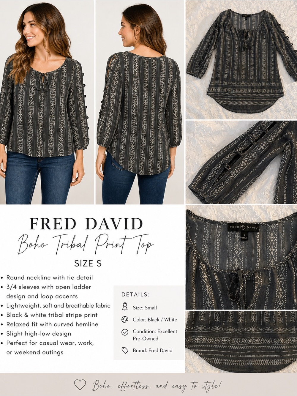 Fred David Black & White Boho Stripe Blouse